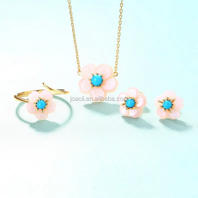 Joacii New Arrival Pink Shell Flower Turquoise S925 Silver Pendant Necklace
