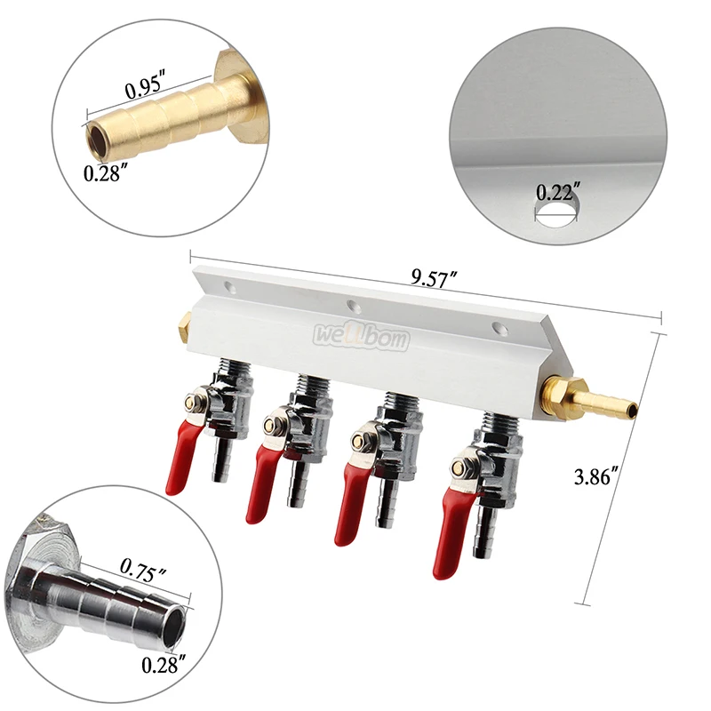 Homebrew 4 Way Gas Distributor Aluminum Co2 Splitter Beer Gas Manifold