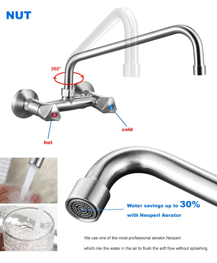 2018 Stainless Steel Commercial Water European Water Tap Double Handle