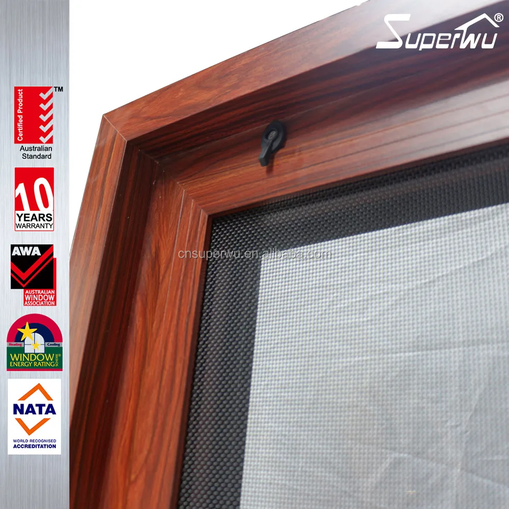 wooden look aluminum frame retractable flyscreen awning windows