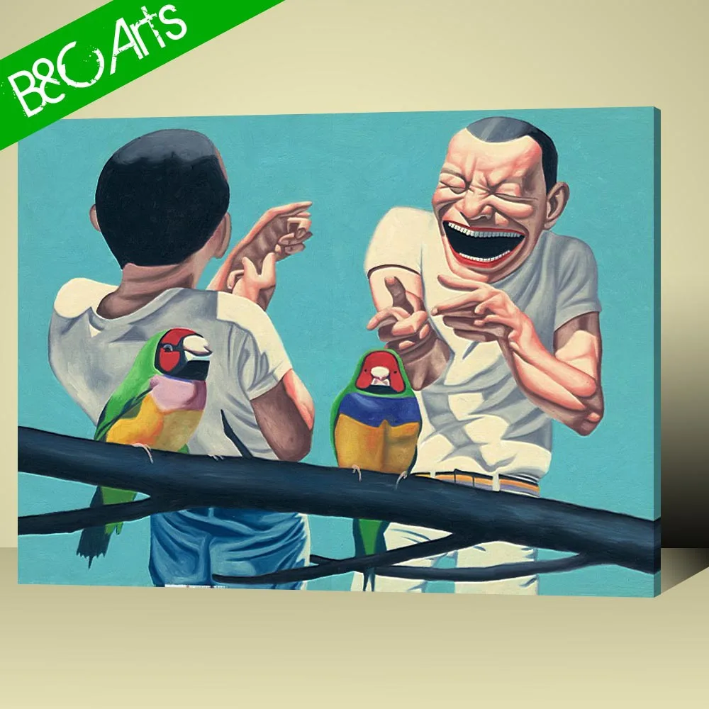 Kartun Potret Lukisan Dari Dua Pria Lucu Dan Burung Abstrak Kanvas