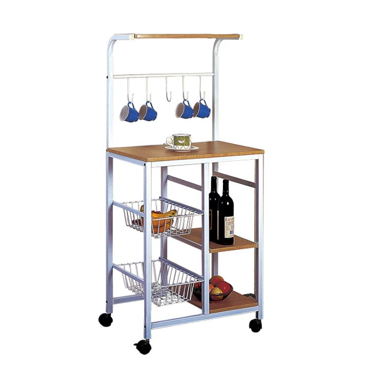 Modern design food vegetable storage home restaurant wood and metal serving cart mobile kitchen trolley with wheels 