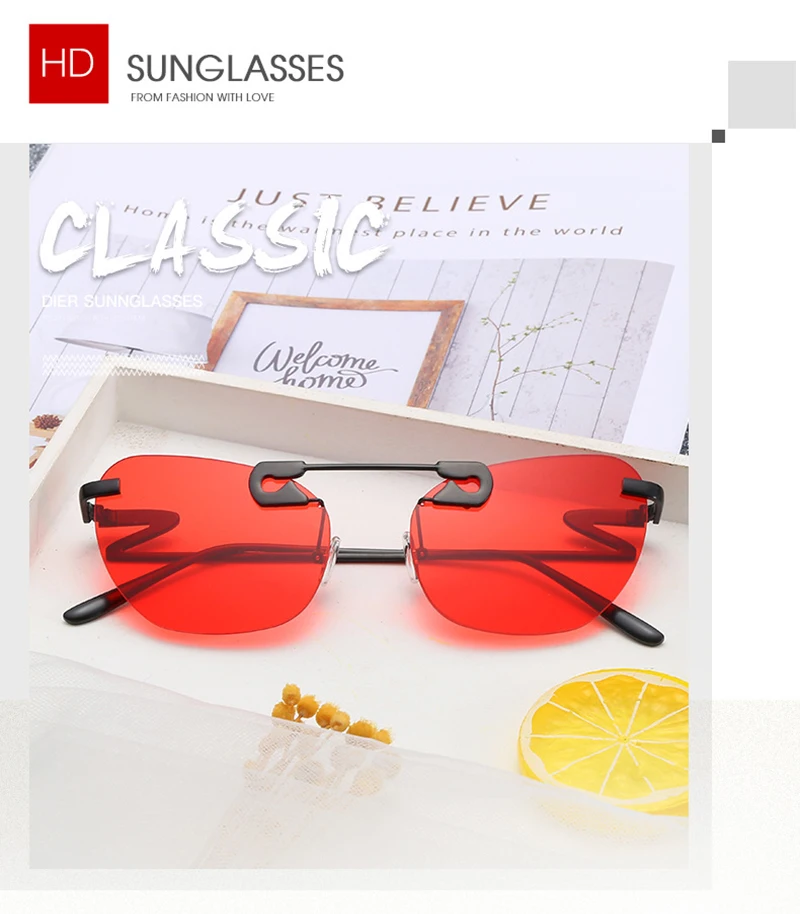 Brand Designer OEM Small Pin-Up Metal Frame Rimless Ladies Sunglasses