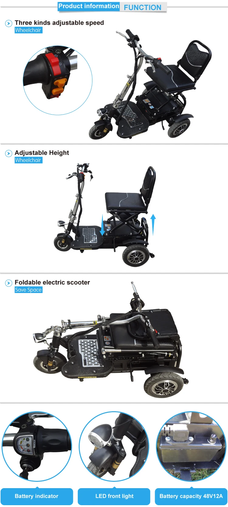 Lightweight 3 Wheel Folding Electric Disabled Mobility Handicap Scooter For Elder