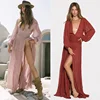 Simple loose sexy split V neck nice ruffle lady clothes long sleeve maxi bohemian clothing woman boho dress