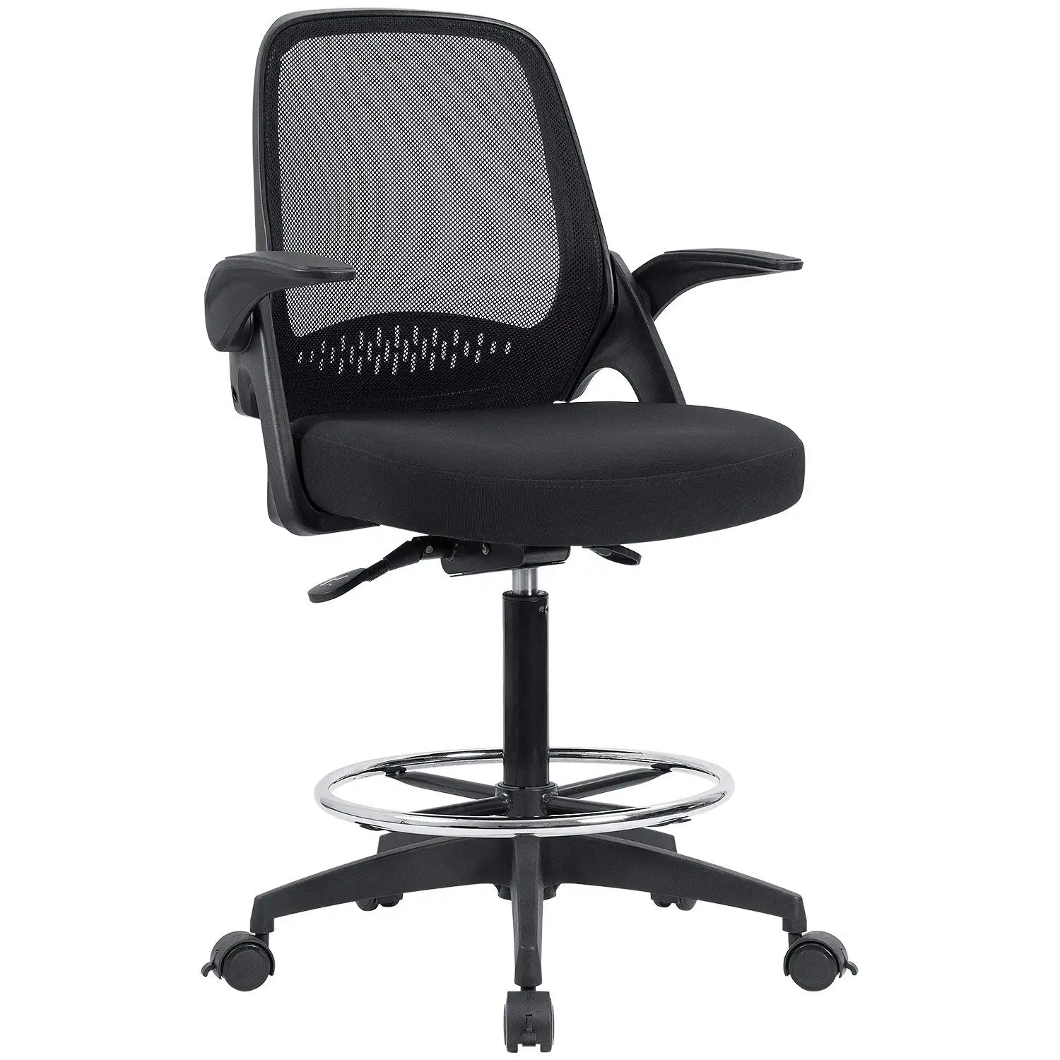 Devoko Office Drafting Chair with Lockable Wheel Executive Computer Standing Desk Chair Reception Tall Office Chair with Flip-up Arms and Adjustable Footrest Ring (Black)