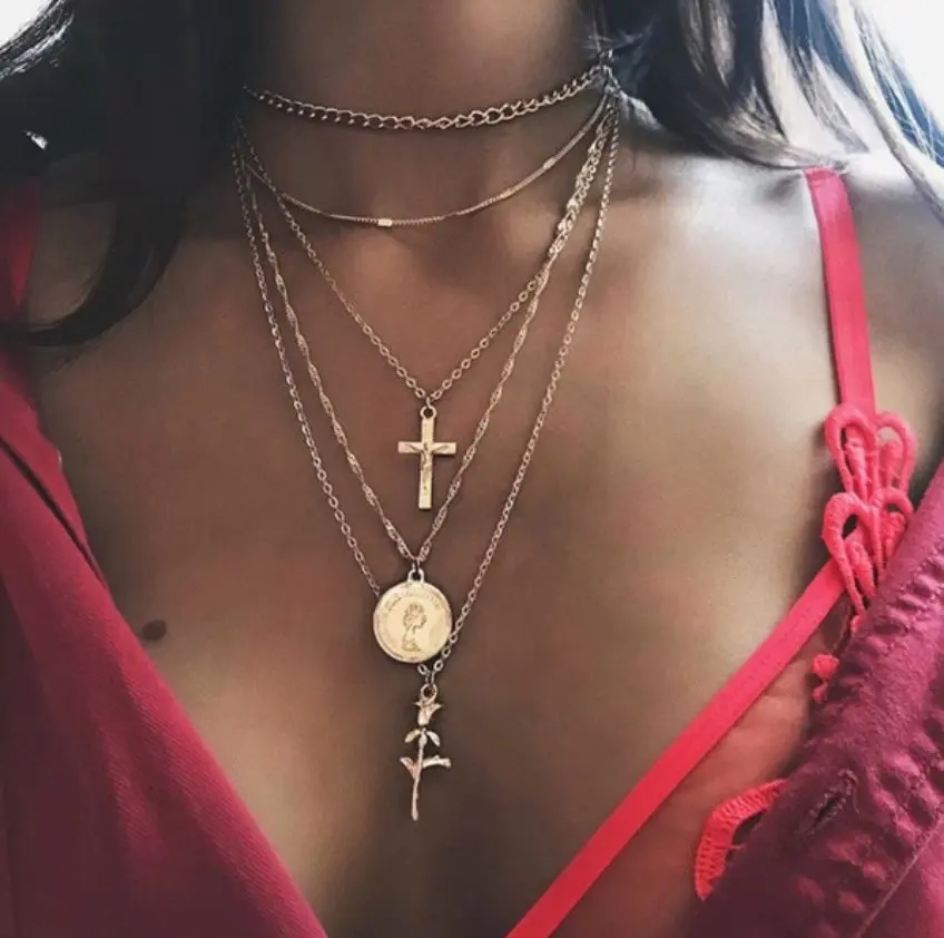 Fashion Gold rose flower cross pendant necklace for women Wholesale N97085