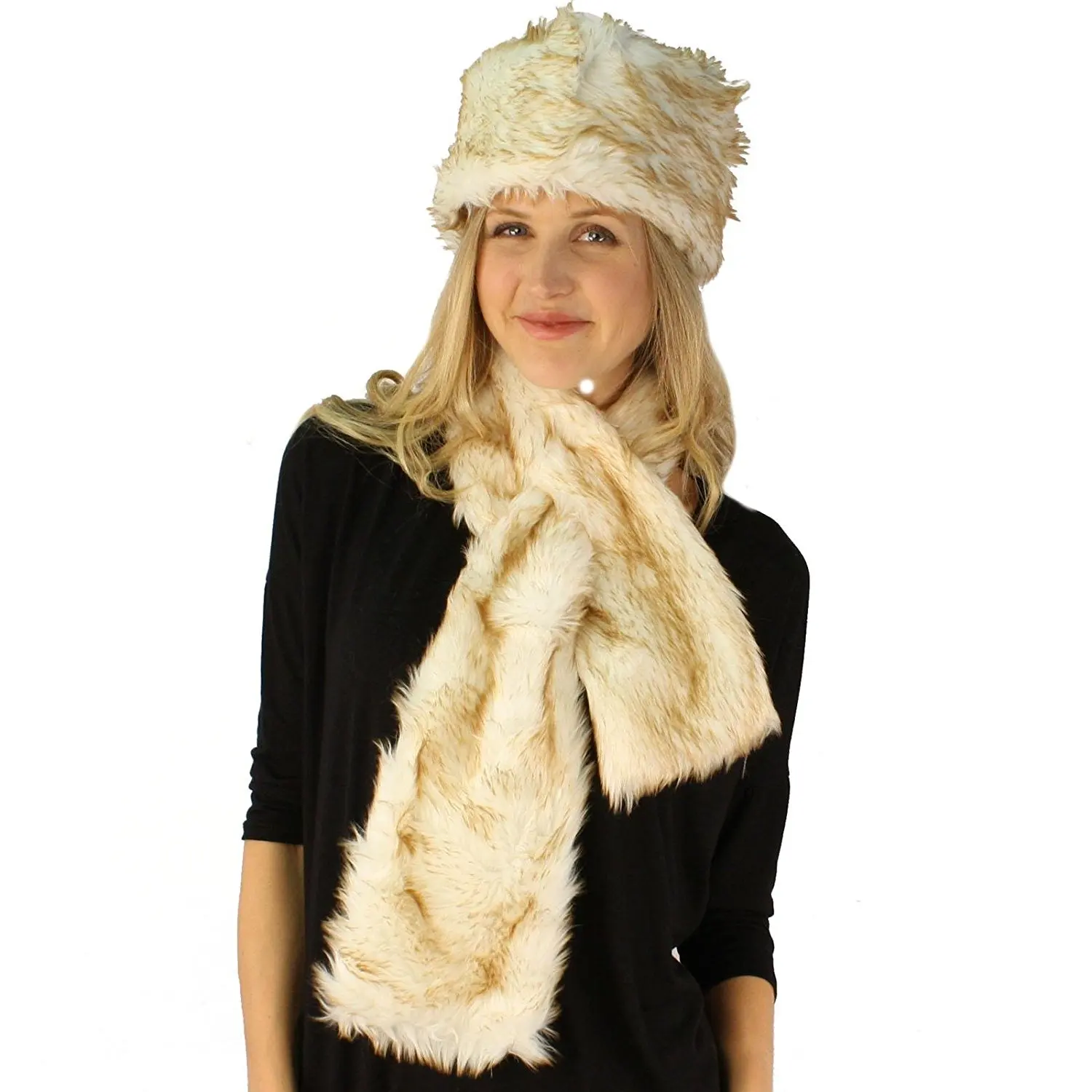Ladies Winter Soft Animal Print Faux fur Bucket Ski Cap Hat Scarf Set