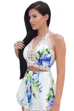 2016 New Summer Women s Sexy Captivating Floral Print V Neck Open Back Two piece Skirt