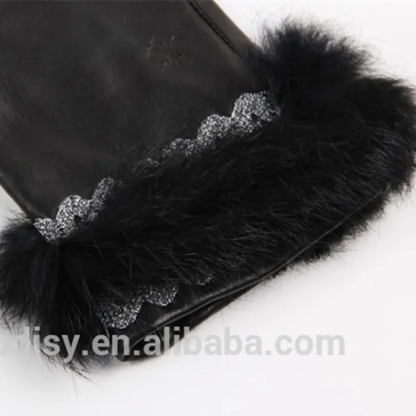 women dress sheepskin leather glove rabbit fur trim with high quality