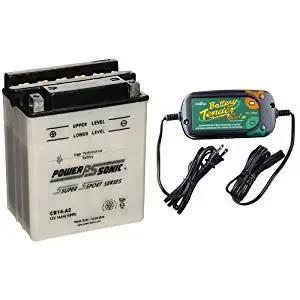 Power-Sonic CB14-A2 Conventional Powersport Battery and Battery Tender 022-0185G-dl-wh Black 12 Volt 1.25 Amp Plus Battery Charger/Maintainer Bundle