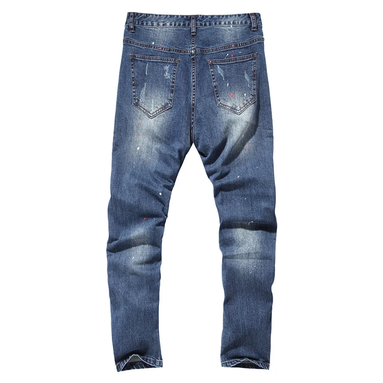 Mens Leg With Hole Straight Slim fit Biker Denim Jeans Trousers Skinny Pants