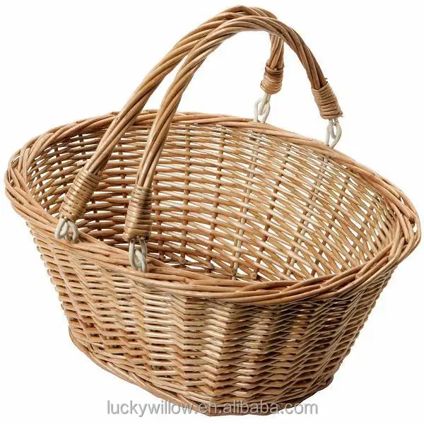 Traditional Premium Wicker Shopping Basket with Folding Handles LARGE NATURAL 