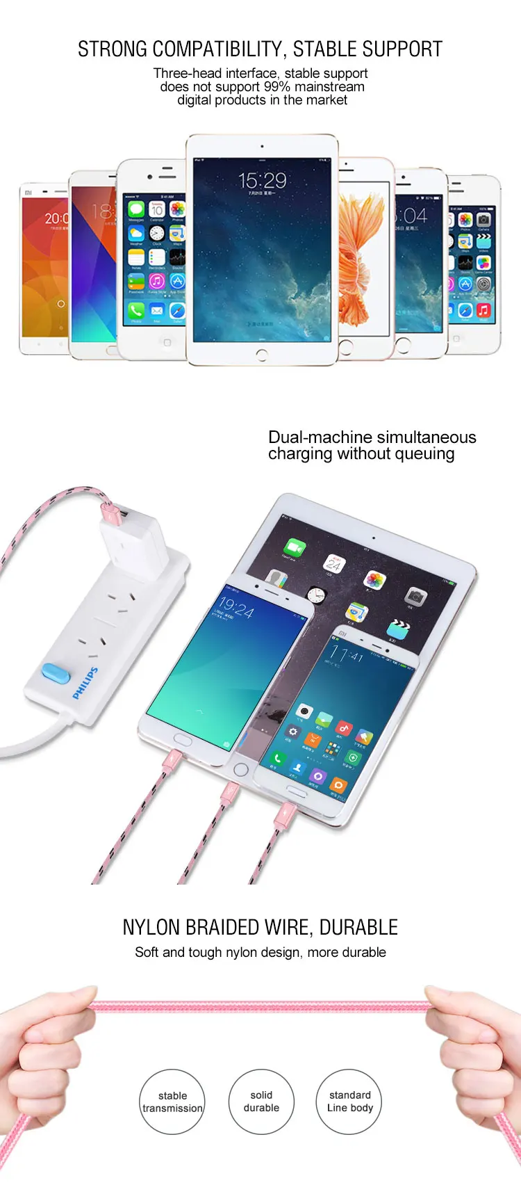 Nylon Braided Type c Micro Lighting 3 in 1 2.4A Fast Charging USB Charging Cable USB Cables for Phones 3 in 1 - ANKUX.COM