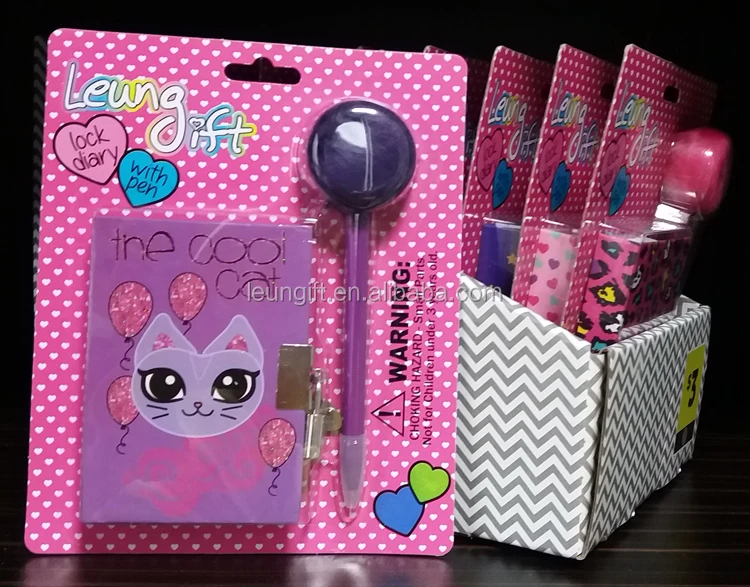 Leungift Cat Printed Mini Diary Lock Diary Set With Pink Pom Pom Pen