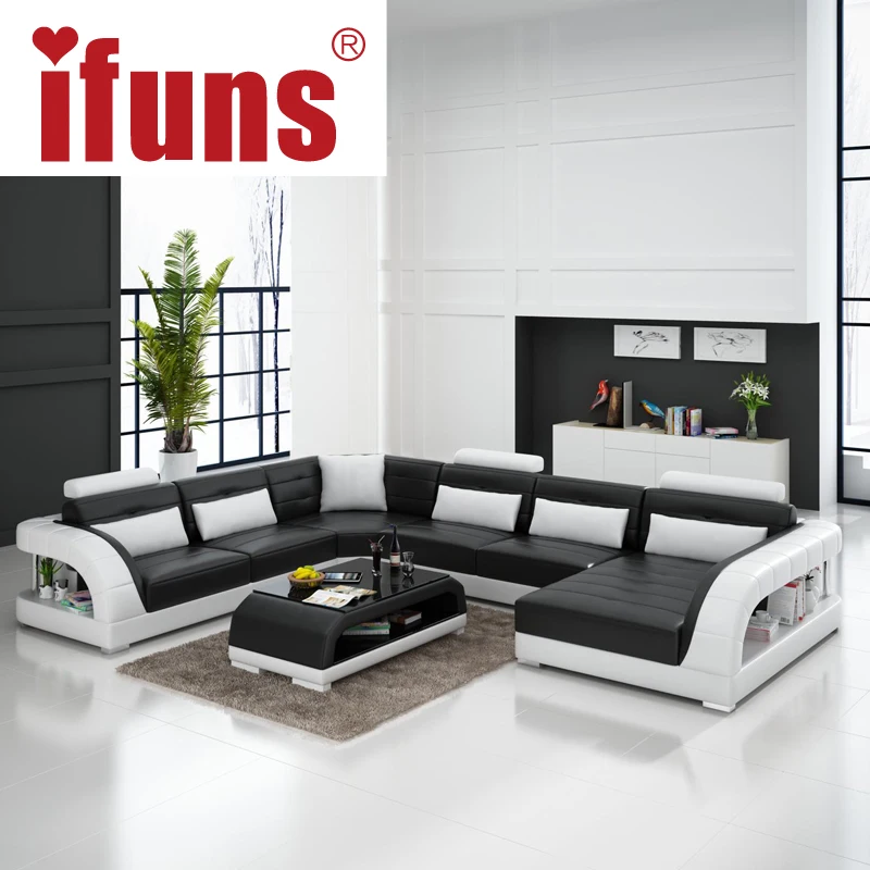 IFUNS Large U shaped sofa white cow leather couch living