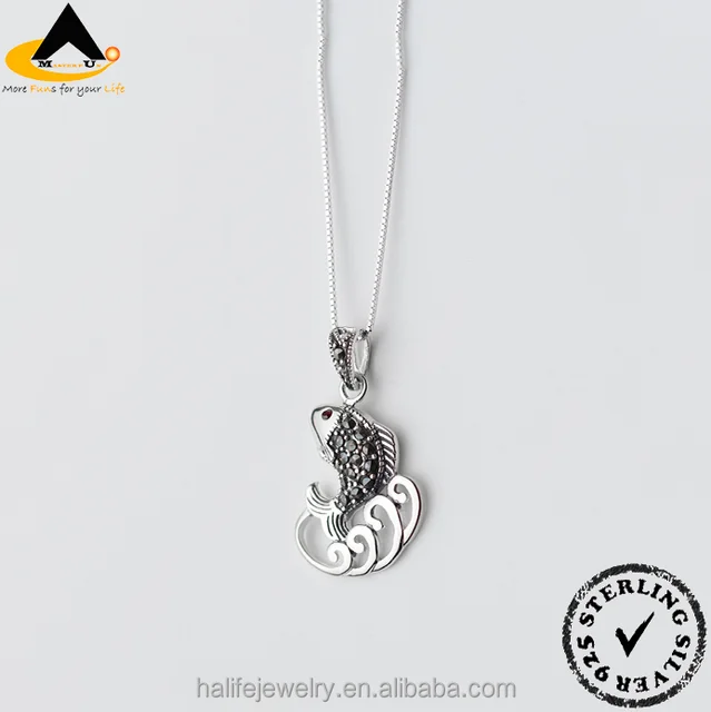 s925 solid silver carp pendant necklace,aaa cubic zirconia 925