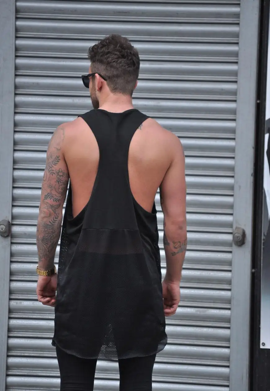 Black Blank Oversize Long Tank Top Men With Half Mesh Singlet - Buy Long Tank Top Men,Oversize 
