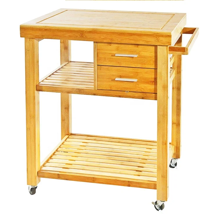 Natural Bamboo Rolling Kitchen Island Cart On Wheels With 2 Drawers And