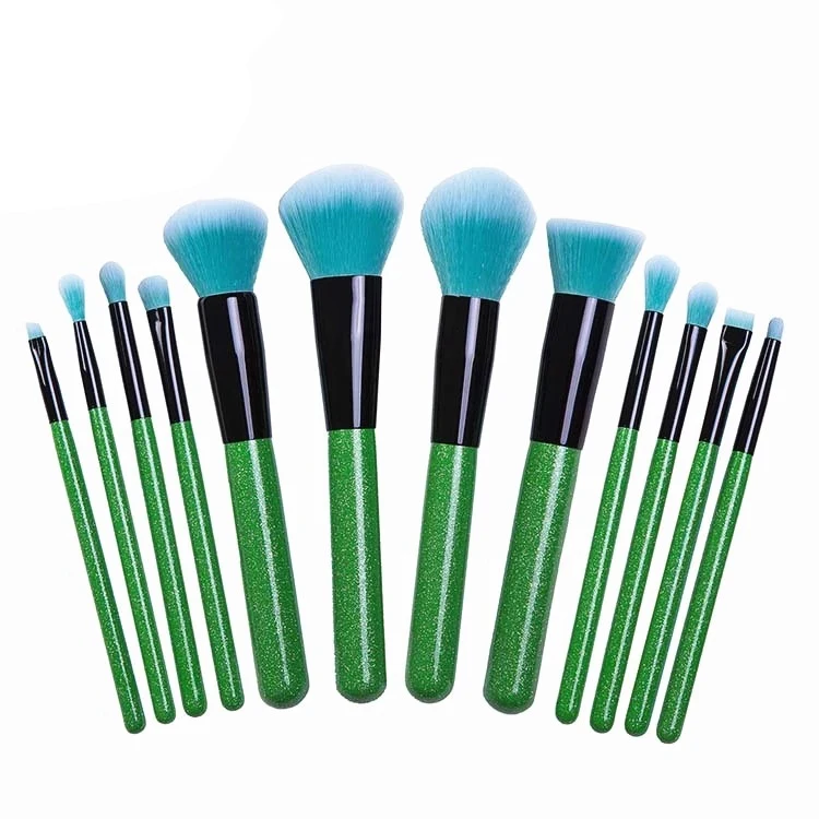 Glitter 12pcs Green Makeup Brush Private Logo Vegan Makeup Brush Kit