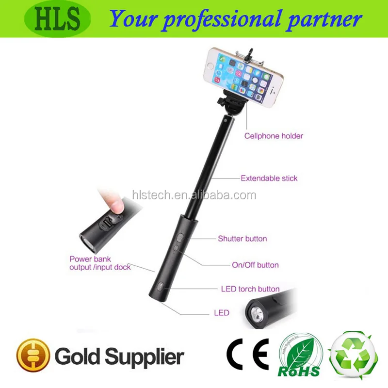 Aluminum Extendable Handheld Monopod Bluetooth Shutter Remote Controller with 2200mA LED Light Power Bank Bluetooth Selfie Stick