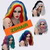 Cheap Rainbow Colorful Short Curly Bob Synthetic Women Wigs For Halloween Cosplay Party
