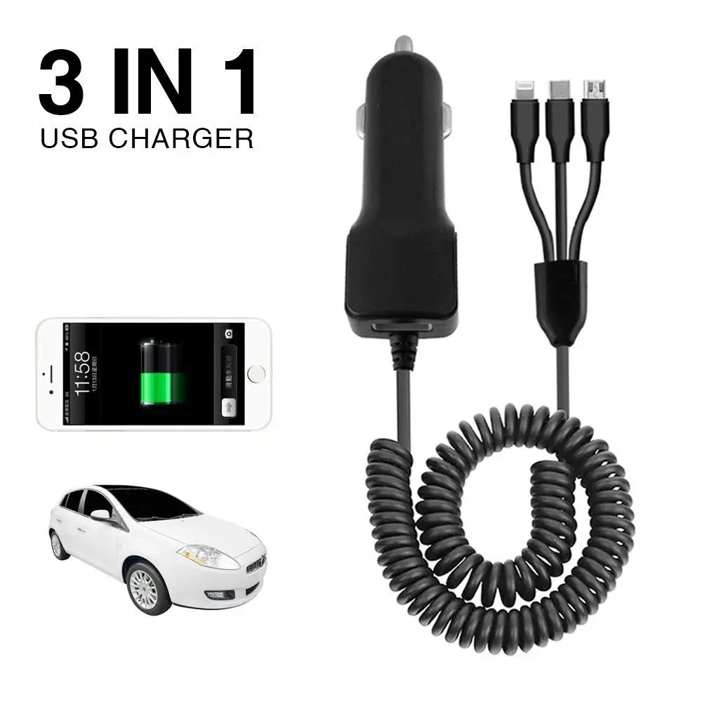 VapeOnly NG-1 3 In 1 Charger Car Mobile Phone Charger withMicro USB Type C Cable 5V USB Charger for Lightning Type C Micro USB Smart Phone iPhone X/8/7/6 (Black)