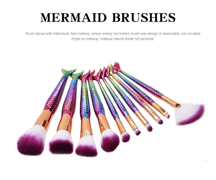 10pcs Purple Pro Glitter Mermaid Make Up Brush Set