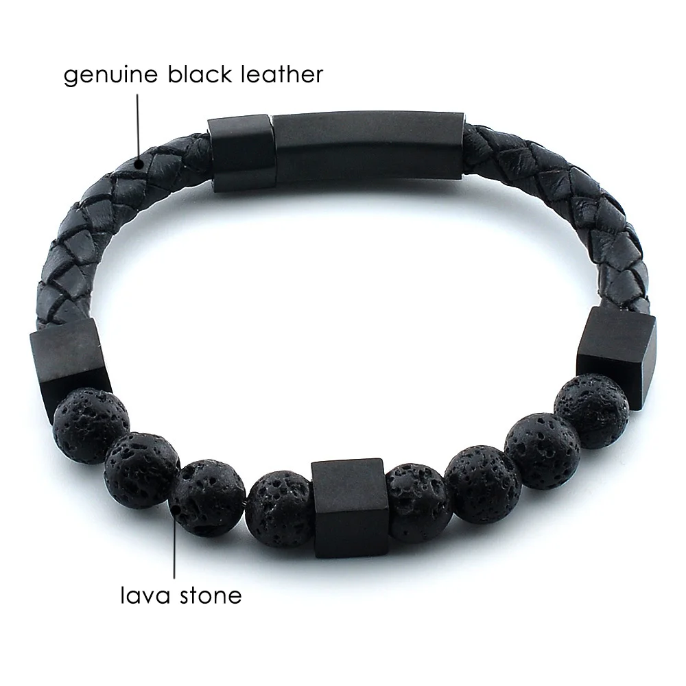 Wholesale Fashion Handmade High Quality Custom Jewelry Black Gemstone Natural Lava Stone Mens Leather Bead Bracelet