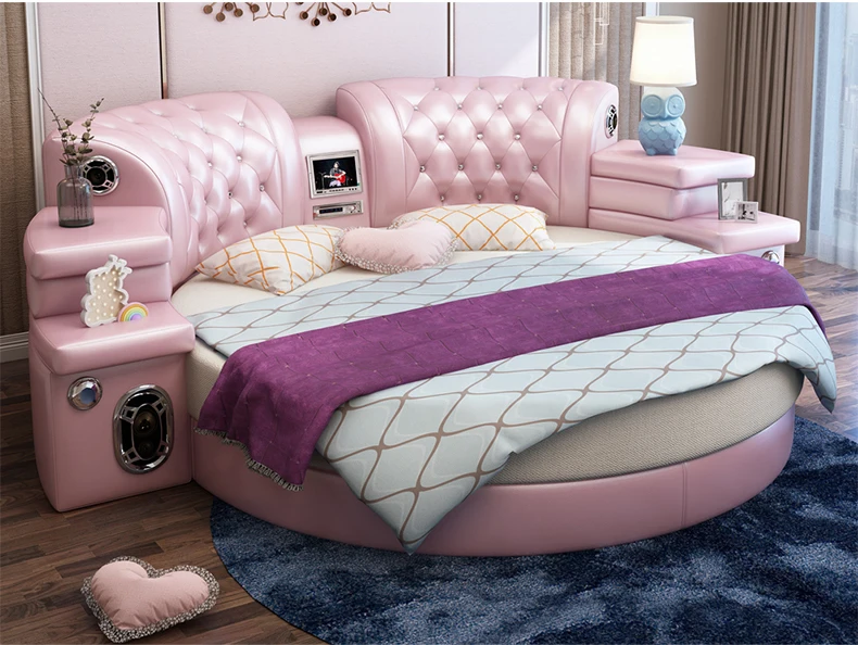 Muebles de dormitorio para niñas Rosa redondo grande cama de cuero