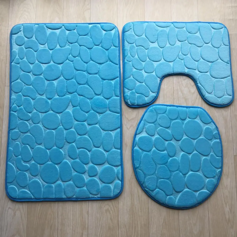 Bathroom Accessories High Quality Soft Wave Anti-slip Blue Waterproof Bathroom Rug Set 3 Piece