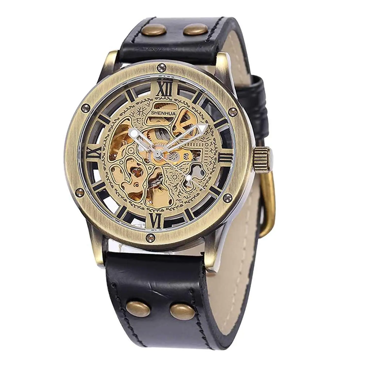 ShoppeWatch Mens Automatic Mechanical Watch Steampunk Skeleton Dial Leather Band AMW-161