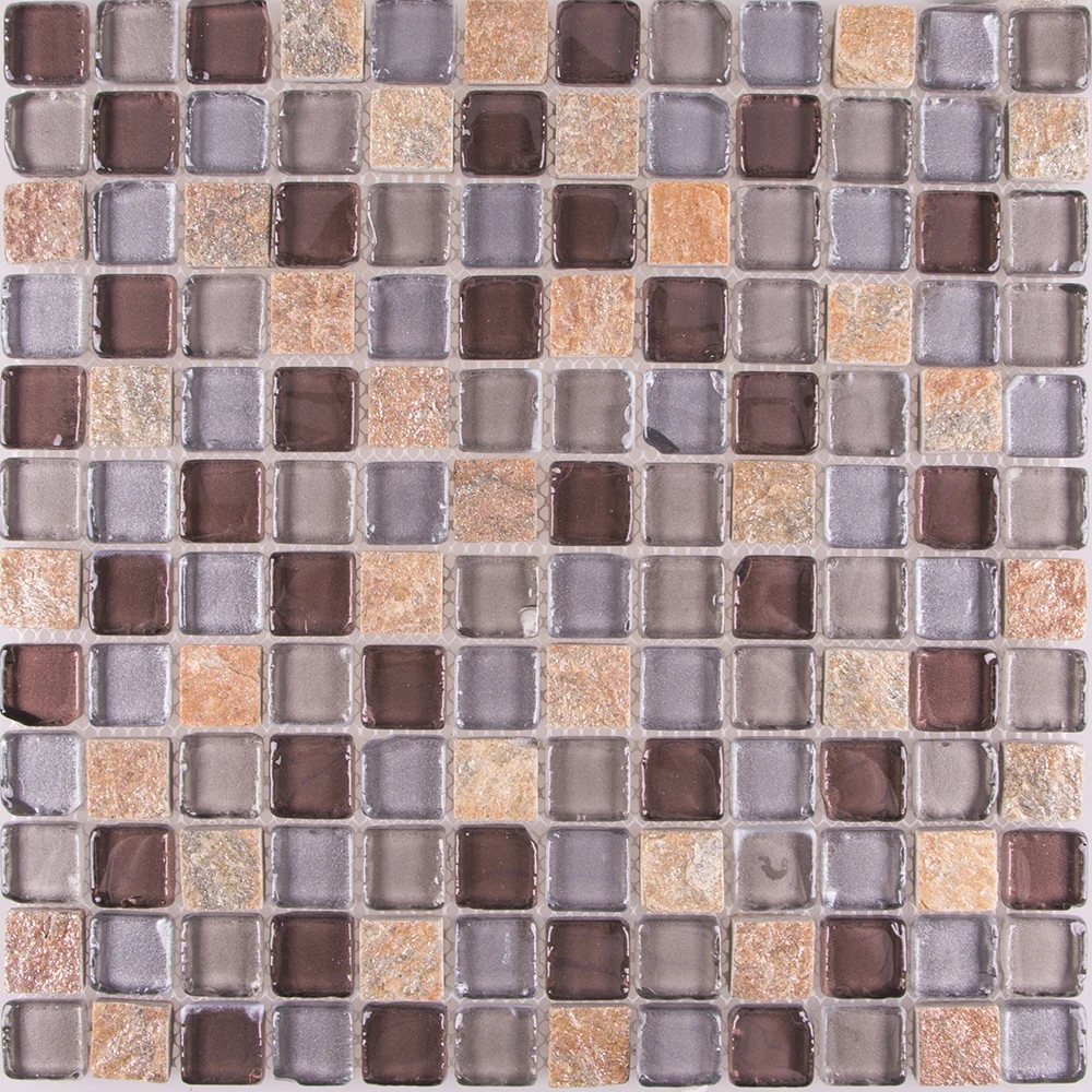 Polished mixed color square glass and stone granite tile wall decorative