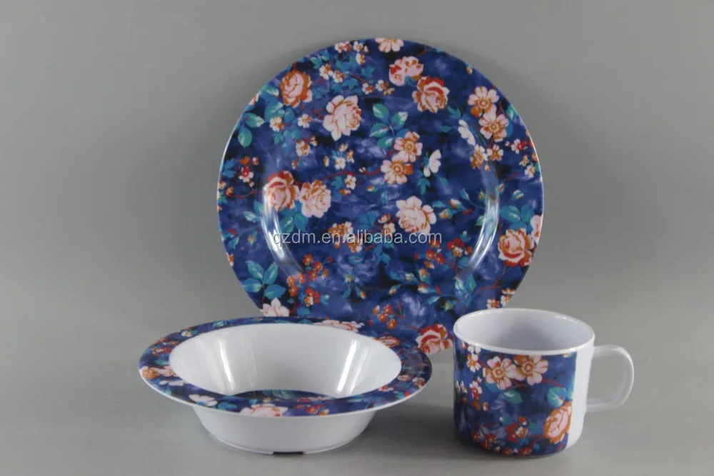 Set Of 3pcs Melamine Dinner Ware Set With Flower Design