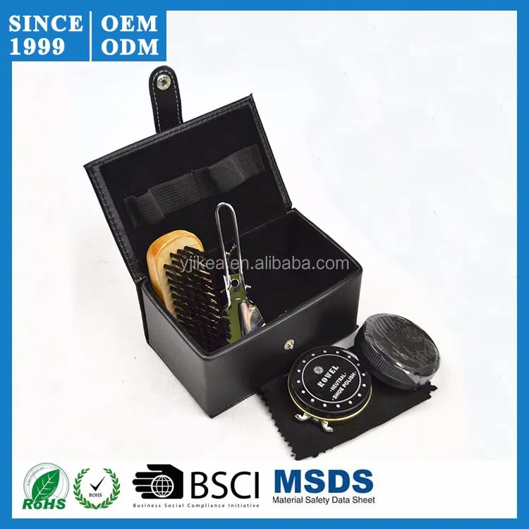 Shine Polish Cleaning Brushes Set Kit Brown Pu Leather Case Shoe Care