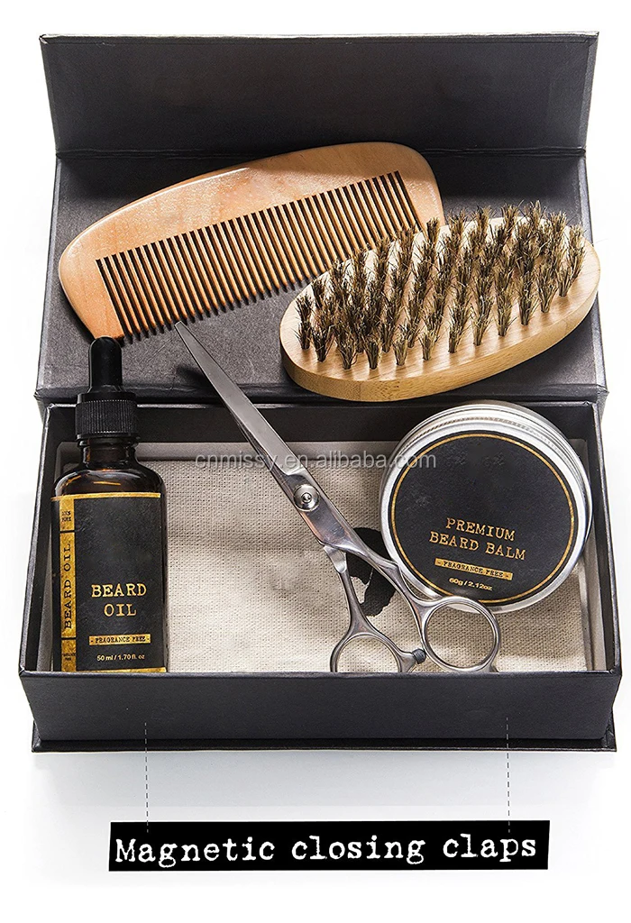 Best Beard Grooming & Trimming Kit for Men Care Growth Gift Set Beard Brush Scissors OEM Oil / Balm / Steel /comb/ Wood