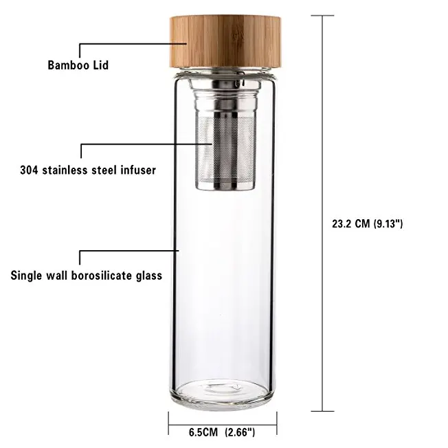 wholesale 500ml custom glass water bottle, double wall glass bottle with bamboo cap