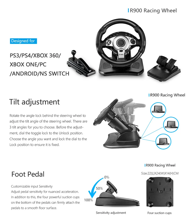 Qeome Wholesale 7 In 1 Game Steering Wheel 900degree Steering Angle