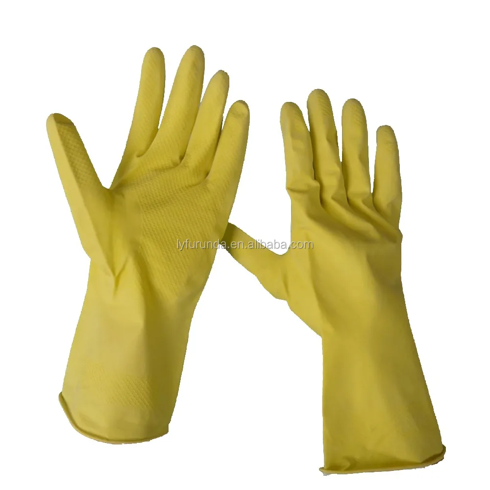 Yellow Cleaning Household Latex Gloves With Dipped Flockliner Made In