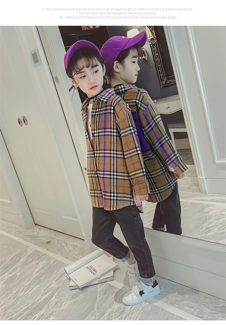 2019 hot sale spring all-match 100% cotton  8-15years girls plaid shirt/blouse children clothes