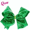 Custom 6 inch big size green ribbon rhinestone decoration jojo sequin hair bow