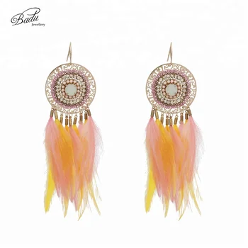 Duoyun 2018 Holiday Gift Pink Feather Earrings Women Indian Style Duoyun 2018 Holiday Gift Pink Feather Earrings Women Indian Style Gold Filigree Earring Ethnic Jewelry
