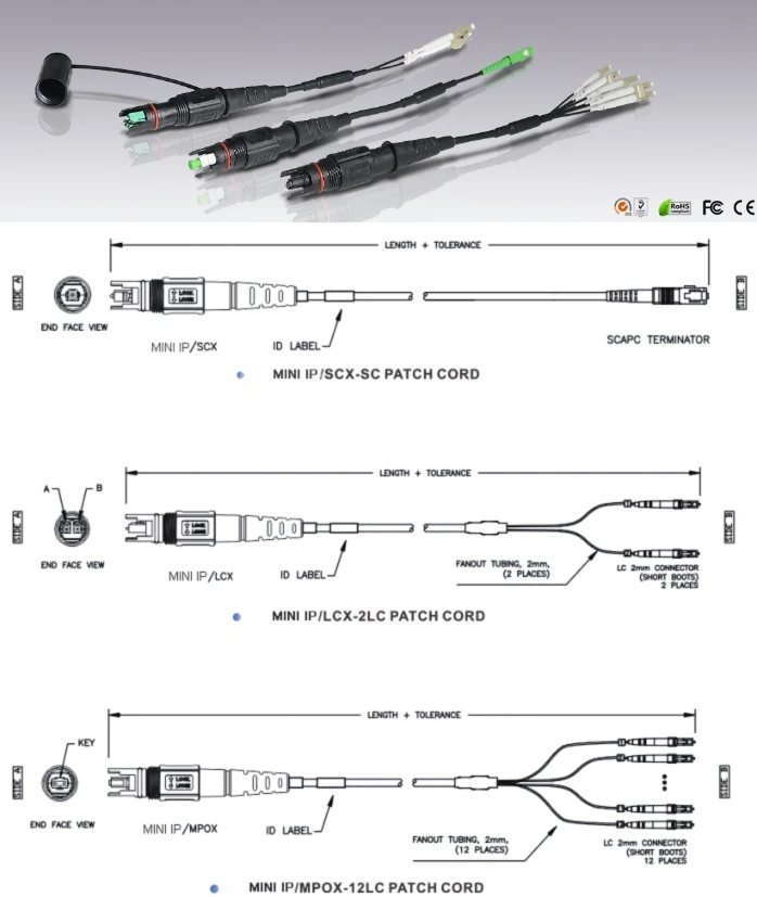 waterproof MINI IP LC SC MPO fiber optic patch cable compatible with optitap