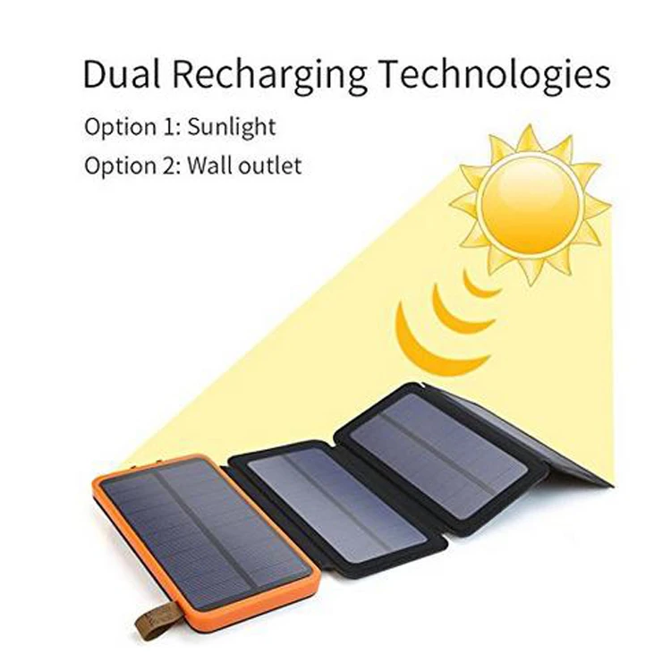 10000mAh power bank portable foldable dual USB solar panel battery charger with LED camping light