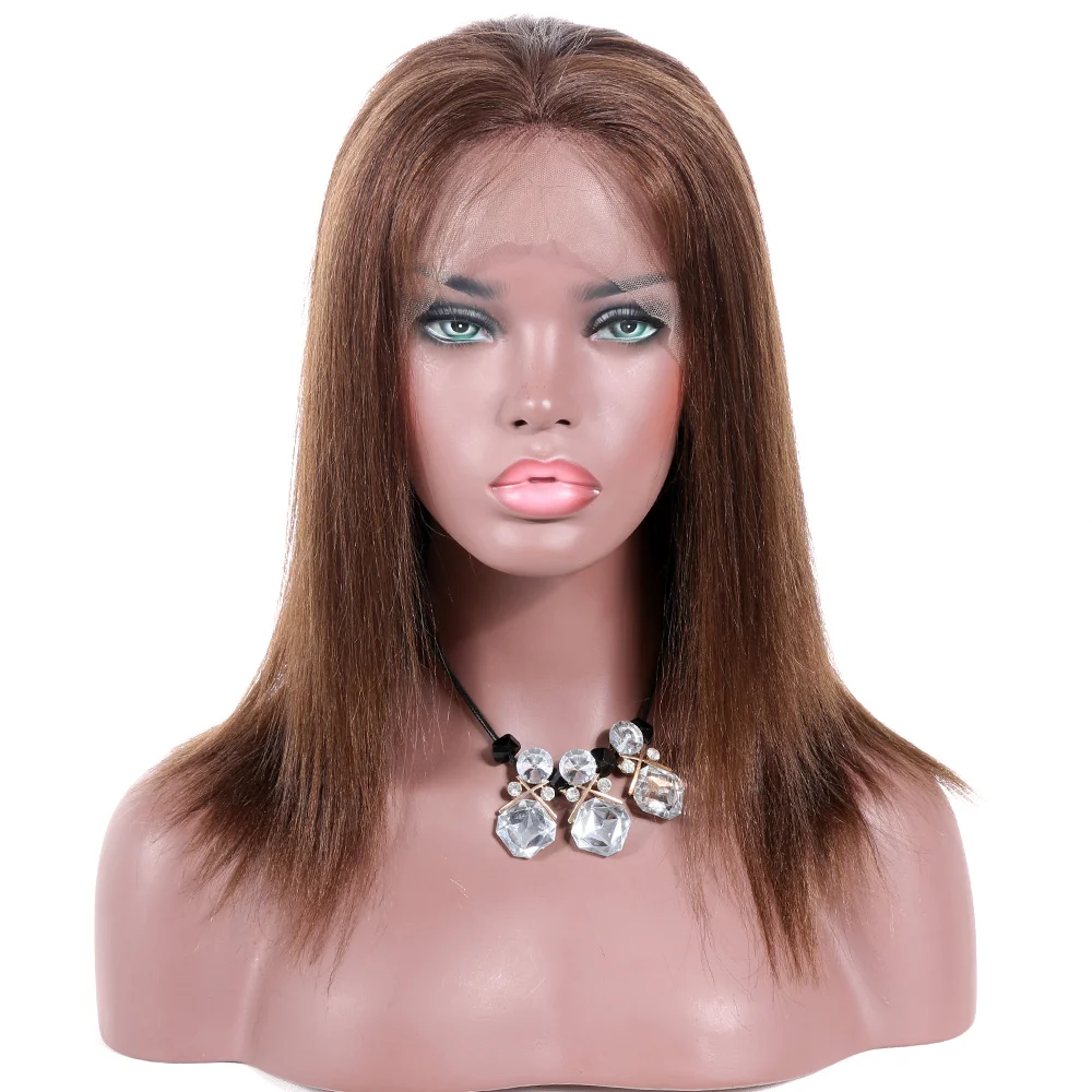 Premier Lace Wigs 10 Inch Brown Color Yaki Straight Remy Human Indian