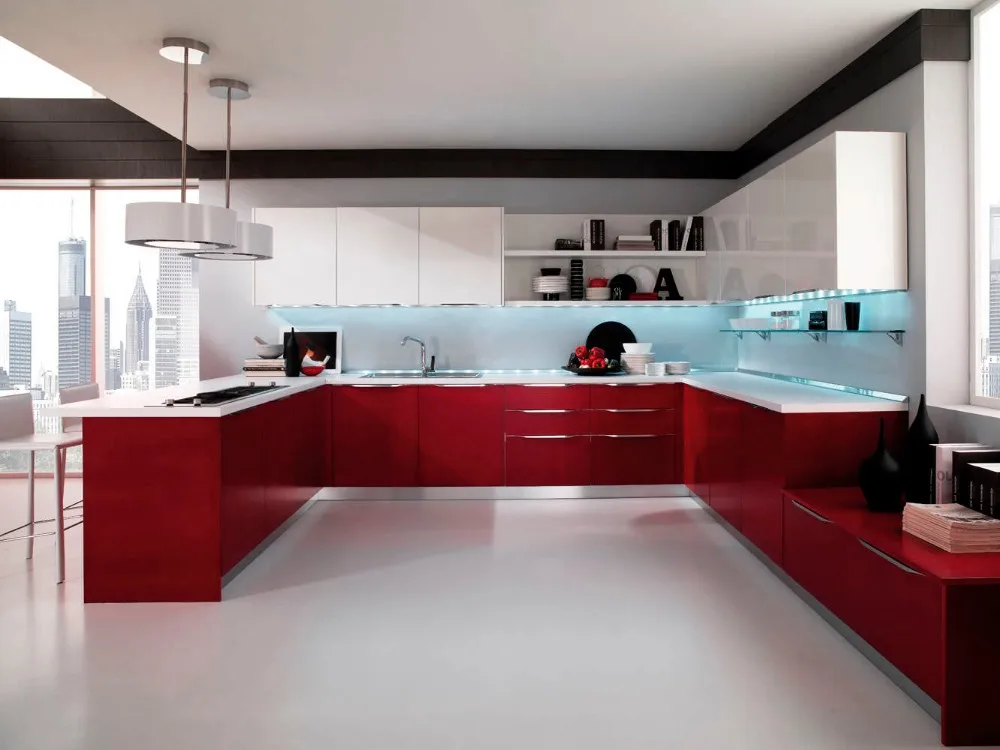 2019 New Red High Gloss Lacquer Kitchen Cabinet With Black Tempered ...