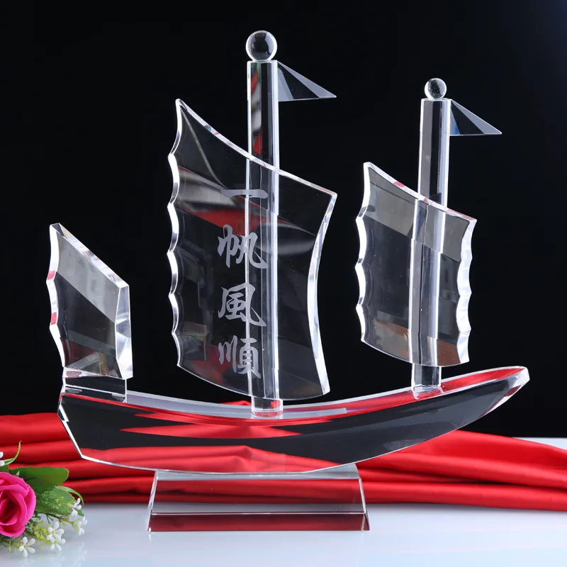 Shining Crystal Glass Sailboat Model Craft For Sale Business Gift