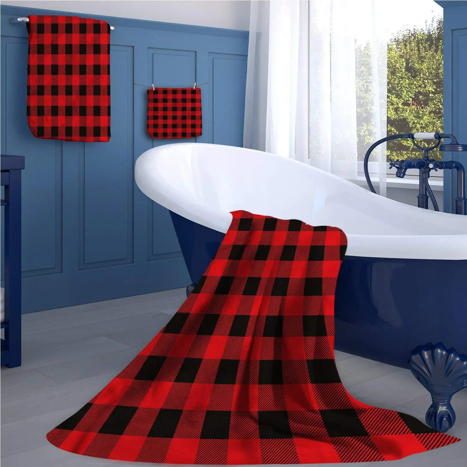 familytaste Plaid Extra wide bathroom accessories Lumberjack Fashion Buffalo Style Checks Pattern Retro Style with Grid Composition luxury hand towels set Scarlet Black