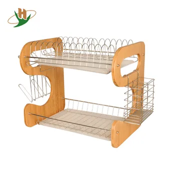 2 Tier Kitchen Bamboo Folding Dish Drying Rack With Metal Basket 2 Tier Kitchen Bamboo Folding Dish Drying Rack With Metal Basket