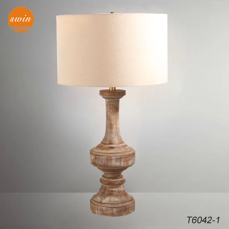 New Mediterranean Vintage Wood Table Lamp Base Linen Drum Shade Hotel Desk In China Fabric